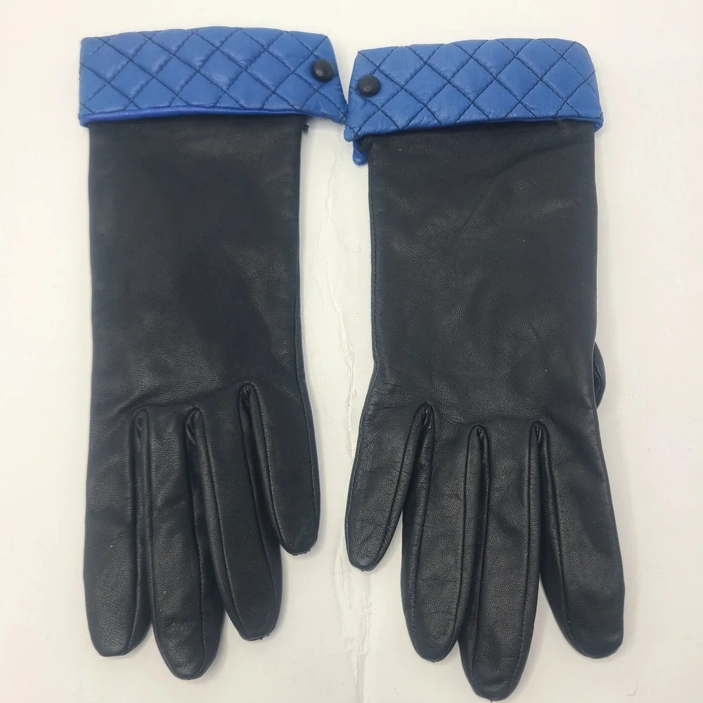 Vintage Leather Gloves 6.5 Black with Quilted Blue Cuffs Retro 80s Accessory